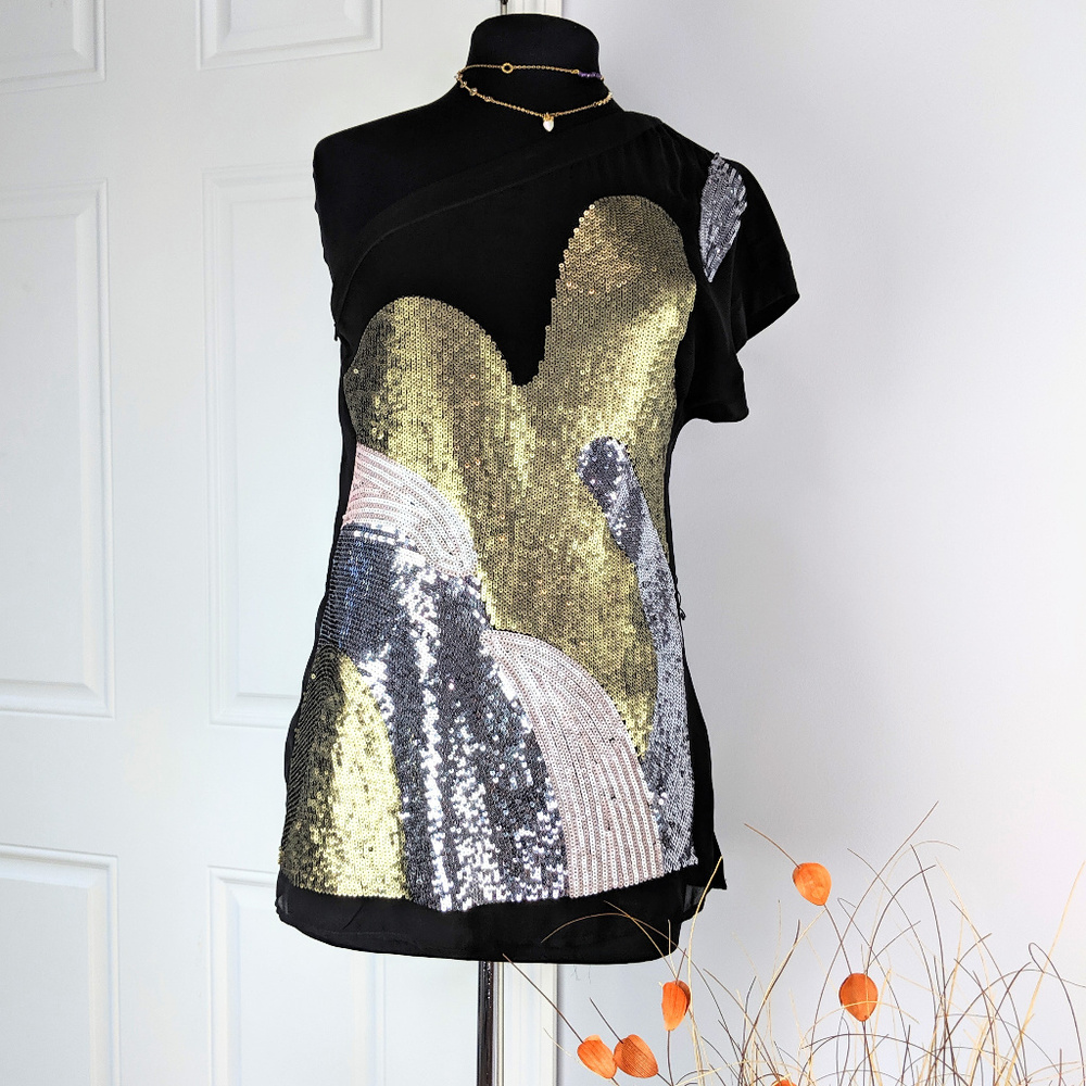 BEBE Sequins One shoulder Top Sz S